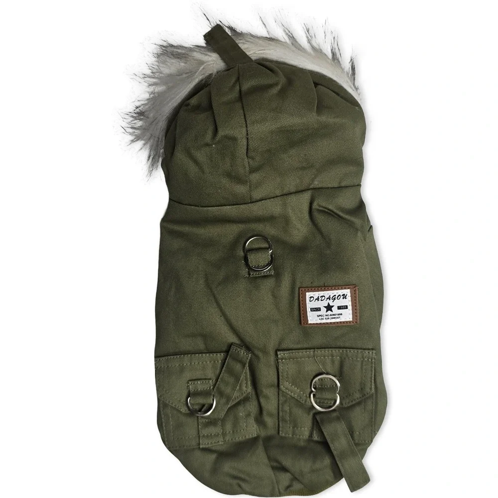 Dog Parka Jacket Medium Olive Green Faux Fur Hood Fleece Lined